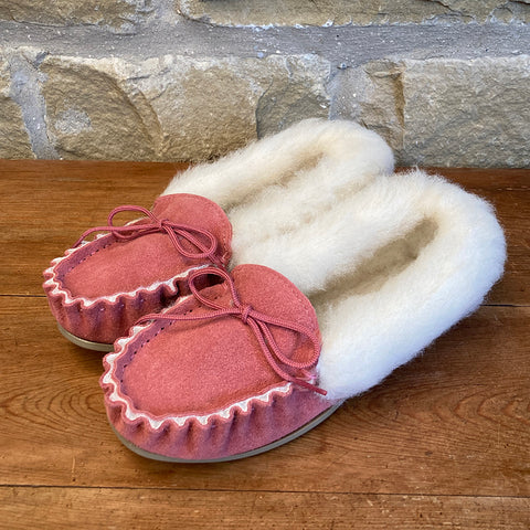 Womens Wool Lined Suede Moccasin Slipper with Wool Collar and Hard Sole - Style 06 Pink