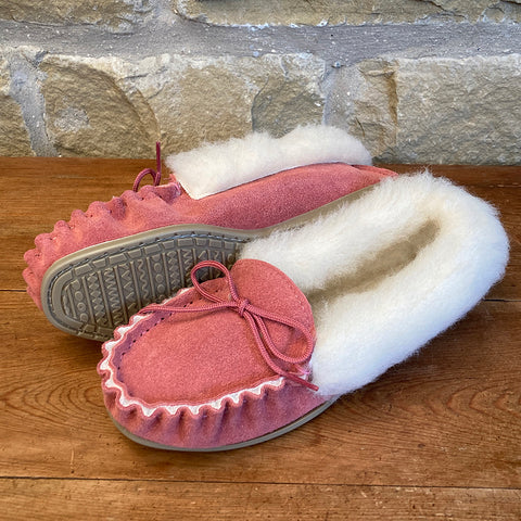 Womens Wool Lined Suede Moccasin Slipper with Wool Collar and Hard Sole - Style 06 Pink