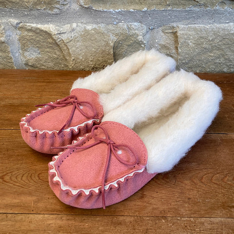 Womens Wool Lined Suede Moccasin Slippers with Wool Collar - Style 05 Pink