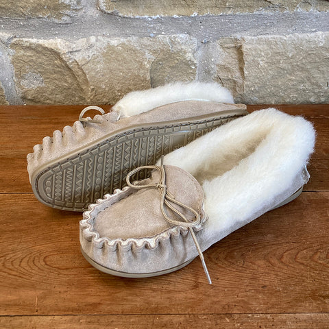 Womens Wool Lined Suede Moccasin Slippers with Wool Collar and Hard Sole - Style 06