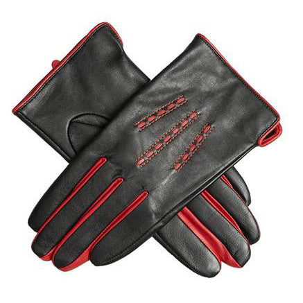 Dents Penelope Womens Leather Gloves with Contrast Piping - Style: 7-2448 Black/Red