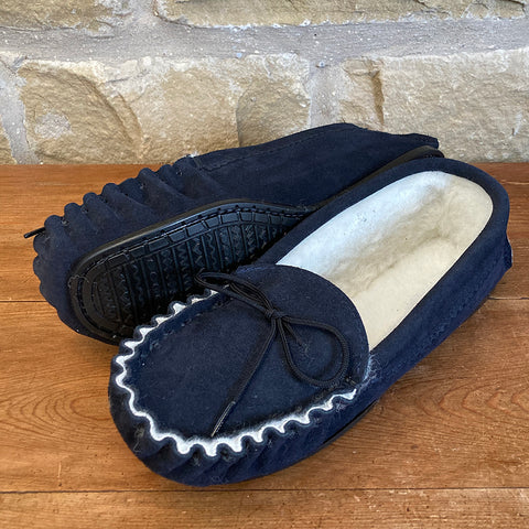 Mens Wool Lined Suede Moccasin Slippers with Hard Soles - Style 04 Navy