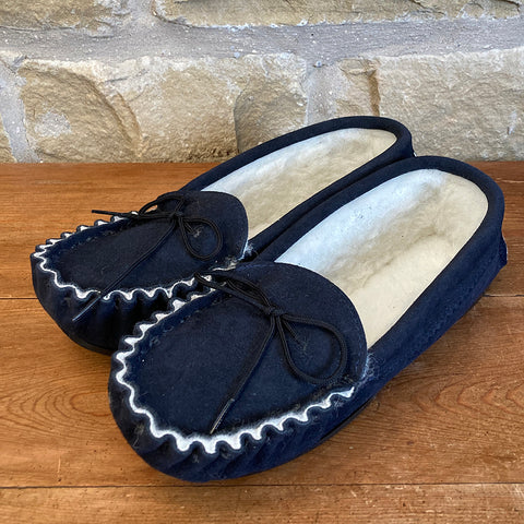 Womens Wool Lined Suede Moccasin Slipper with Hard Soles - Style 02 Navy
