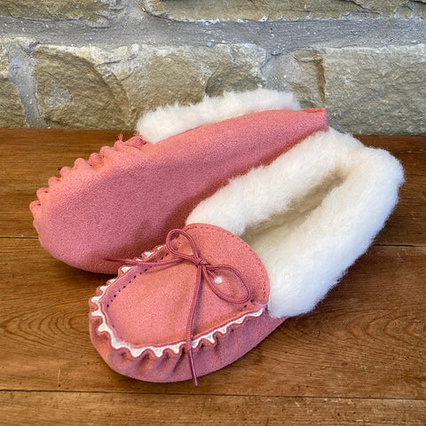 Womens Wool Lined Suede Moccasin Slippers with Wool Collar - Style 05 Pink