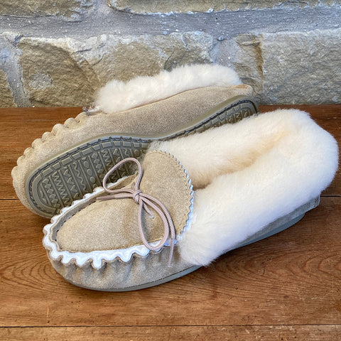 Womens 100% Sheepskin Lined Suede Moccasin Slipper with Sheepskin Collar & Hard Sole - Style 12