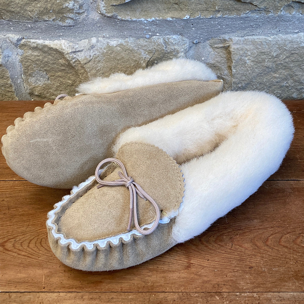 Womens 100% Sheepskin Lined Suede Moccasin Slipper with Sheepskin