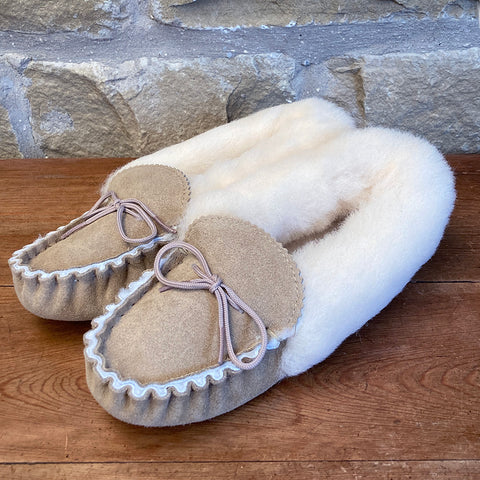 Womens 100% Sheepskin Lined Suede Moccasin Slipper with Sheepskin Collar - Style 11