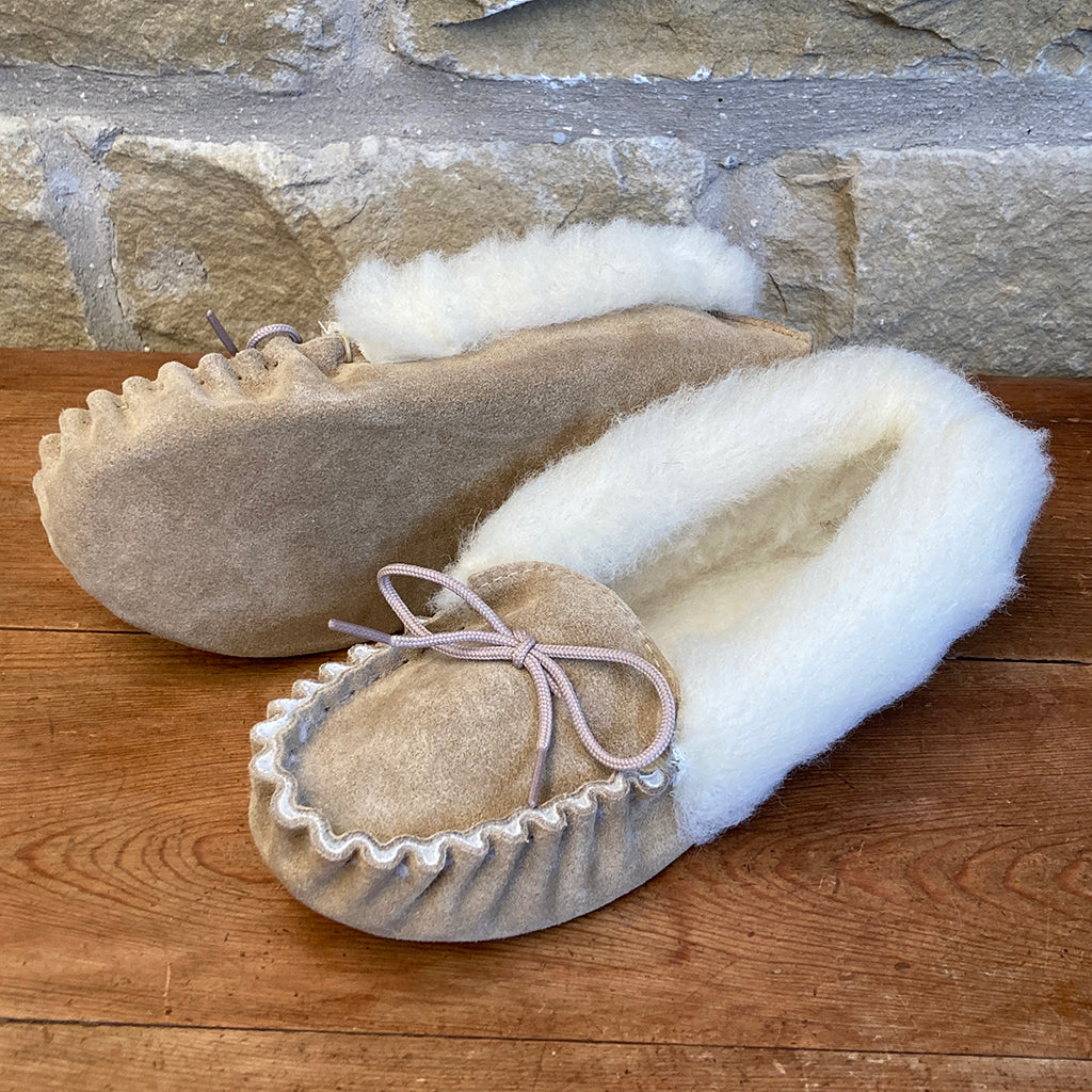 Womens Wool Lined Suede Moccasin Slippers with Wool Collar - Style 05