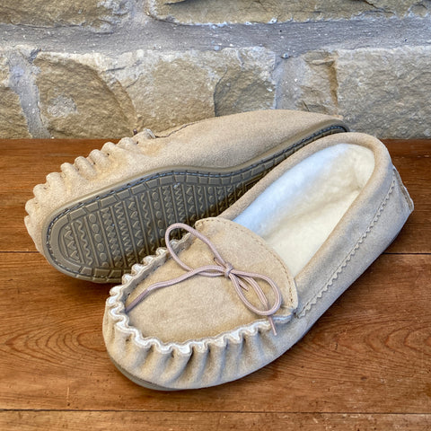 Womens Wool Lined Suede Moccasin Slippers with Hard Soles - Style 02