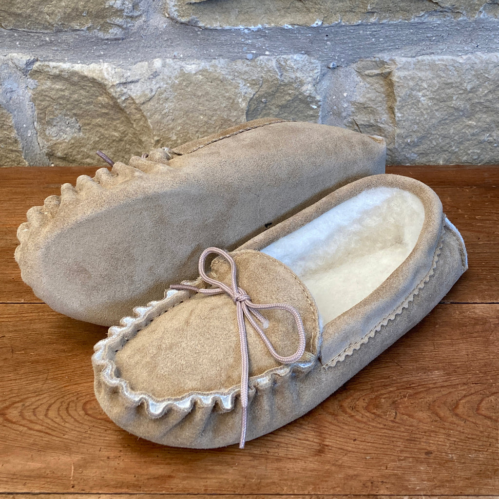 Womens Wool Lined Suede Moccasin Slippers Style 01 – Cox's